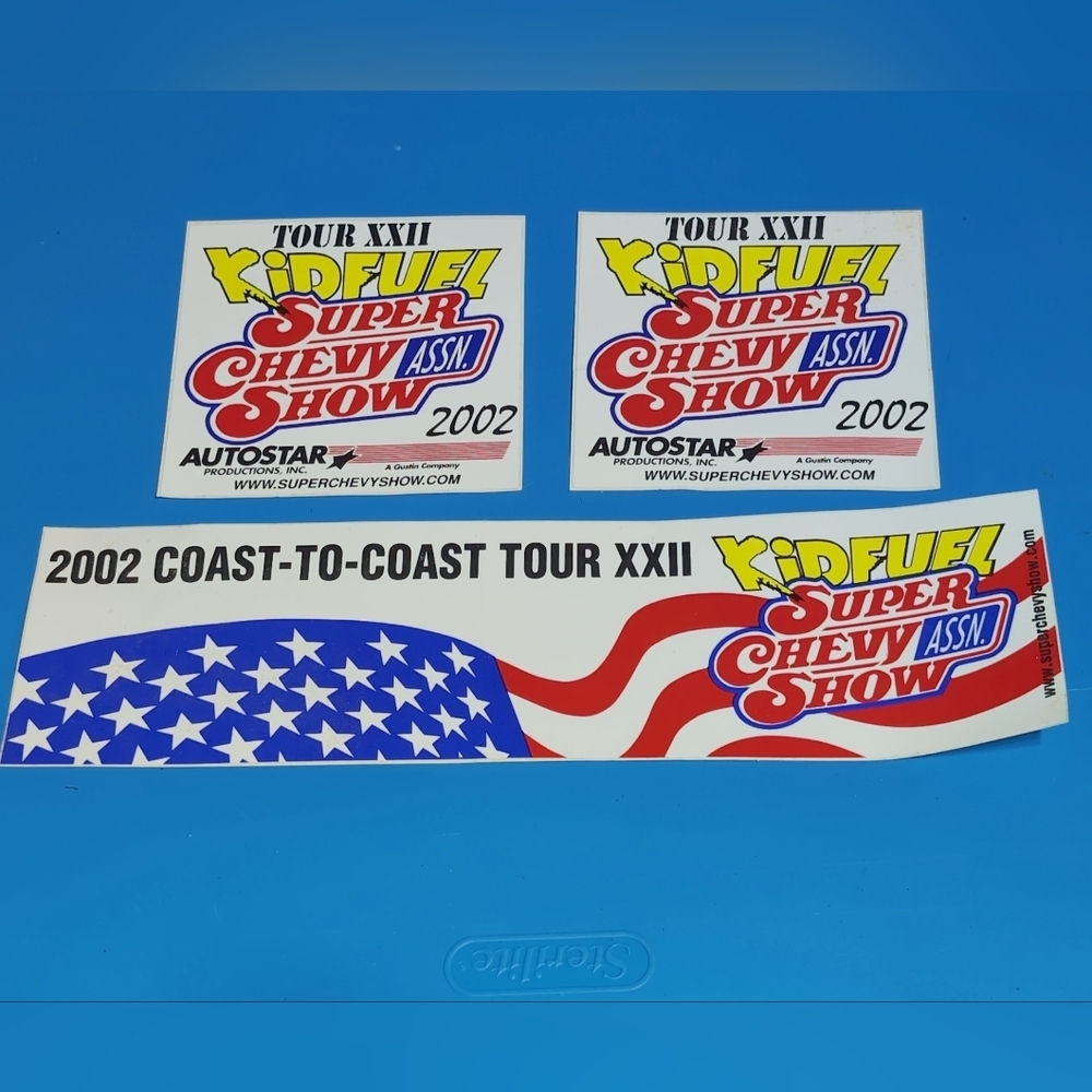 KidFuel Super Chevy Show 2002 Bumper Sticker Set - Red, Yellow, Blue